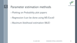 Parameter estimation methods
› Plotting on Probability plot papers
› Regression (can be done using MS-Excel)
› Maximum likelihood estimation (MLE)
25 JUNE 2018 SHASHANK KOTWAL & ASSOCIATES 23
 