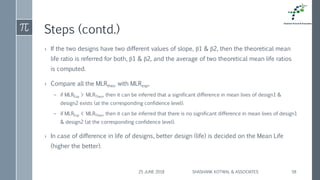 Steps (contd.)
› If the two designs have two different values of slope, β1 & β2, then the theoretical mean
life ratio is referred for both, β1 & β2, and the average of two theoretical mean life ratios
is computed.
› Compare all the MLRtheo with MLRexp,
– if MLRExp > MLRTheo, then it can be inferred that a significant difference in mean lives of design1 &
design2 exists (at the corresponding confidence level).
– if MLRExp < MLRTheo, then it can be inferred that there is no significant difference in mean lives of design1
& design2 (at the corresponding confidence level).
› In case of difference in life of designs, better design (life) is decided on the Mean Life
(higher the better).
25 JUNE 2018 SHASHANK KOTWAL & ASSOCIATES 58
 