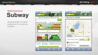@AaronWeiche



    Mobile Experience

    Subway
    Great example of mobile
    experience for numerous
    locations
 