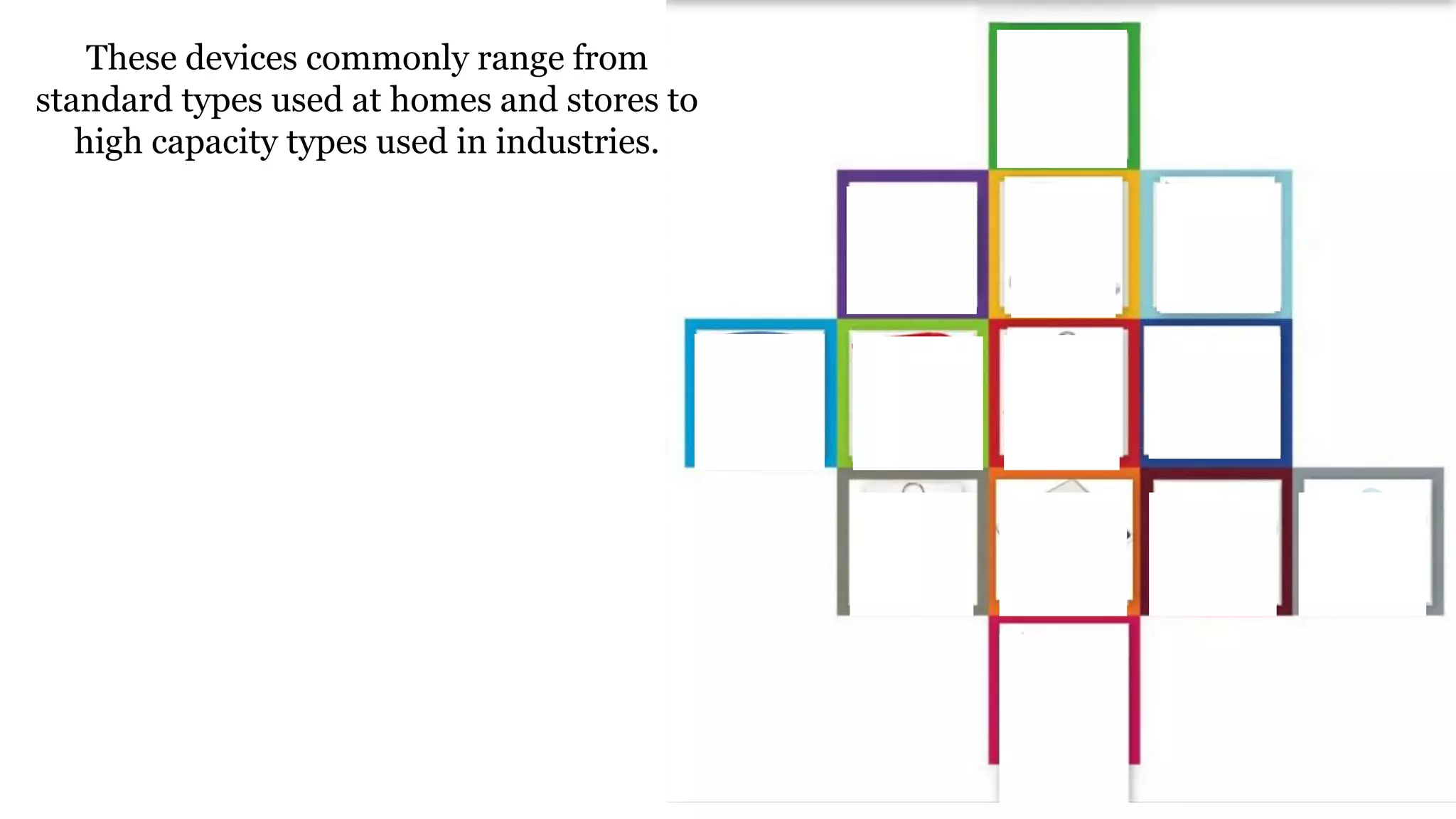 These devices commonly range from
standard types used at homes and stores to
high capacity types used in industries.
 