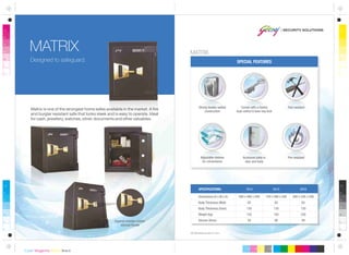 SPECIAL FEATURES
All dimensions are in mm.
Dimensions (H x W x D)
Body Thickness (Wall)
Body Thickness (Door)
Weight (kg)
Volume (litres)
588 x 486 x 546
65
130
155
50
SPECIFICATIONS: 1814
740 x 486 x 546
65
130
185
66
2414
892 x 536 x 546
65
130
230
94
3016
Comes with a Godrej
dual control 6 lever key lock
Strong double-walled
construction
Adjustable shelves
for convenience
Armoured plate in
door and body
MATRIX
Designed to safeguard.
Matrix is one of the strongest home safes available in the market. A fire
and burglar resistant safe that looks sleek and is easy to operate. Ideal
for cash, jewellery, watches, silver, documents and other valuables.
Tool resistant
MATRIX
Superior powder coated
stylized handle
Fire resistant
 