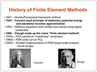 History of Finite Element Methods
• 1941 – Hrenikoff proposed framework method
• 1943 – Courant used principle of stationary potential energy
and piecewise function approximation
• 1953 – Stiffness equations were written and solved using digital
computers.
• 1960 – Clough made up the name “finite element method”
• 1970s – FEA carried on “mainframe” computers
• 1980s – FEM code run on PCs
• 2000s – Parallel implementation of FEM (large-scale analysis,
virtual design)
Courant Clough
 