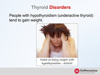 Thyroid Disorders
People with hypothyroidism (underactive thyroid)
tend to gain weight.
 
