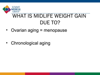 WHAT IS MIDLIFE WEIGHT GAIN
             DUE TO?
• Ovarian aging = menopause

• Chronological aging
 