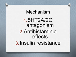 Mechanism
1.5HT2A/2C
antagonism
2.Antihistaminic
effects
3.Insulin resistance
 