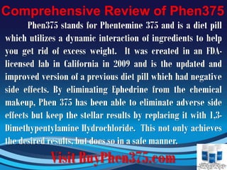 Comprehensive Review of Phen375
       Phen375 stands for Phentemine 375 and is a diet pill
which utilizes a dynamic interaction of ingredients to help
you get rid of excess weight. It was created in an FDA-
licensed lab in California in 2009 and is the updated and
improved version of a previous diet pill which had negative
side effects. By eliminating Ephedrine from the chemical
makeup, Phen 375 has been able to eliminate adverse side
effects but keep the stellar results by replacing it with 1,3-
Dimethypentylamine Hydrochloride. This not only achieves
the desired results, but does so in a safe manner.
            Visit BuyPhen375.com
 