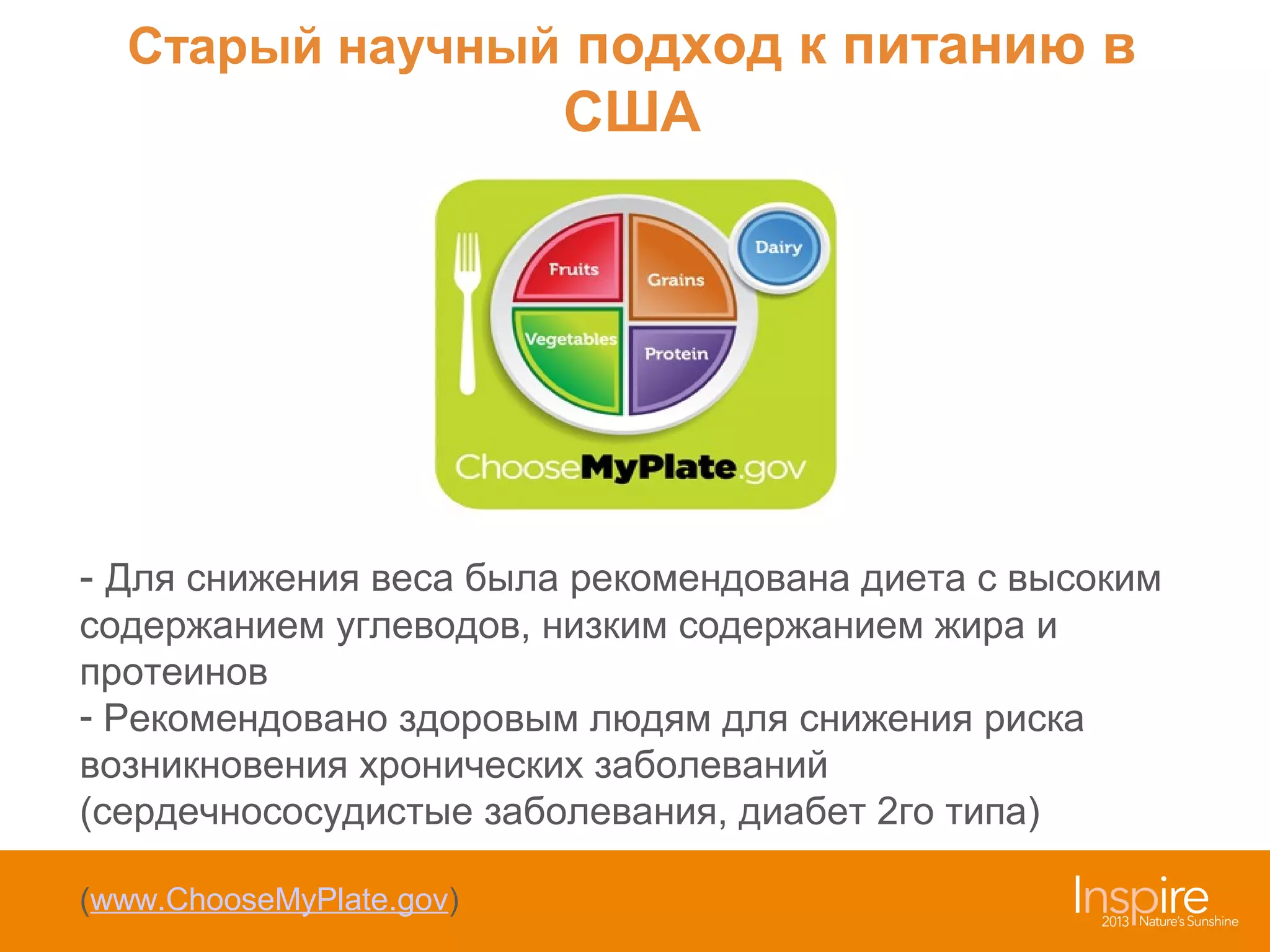 Старый научный подход к питанию в

США

- Для снижения веса была рекомендована диета с высоким
содержанием углеводов, низким содержанием жира и
протеинов
- Рекомендовано здоровым людям для снижения риска
возникновения хронических заболеваний
(сердечнососудистые заболевания, диабет 2го типа)
(www.ChooseMyPlate.gov)

 