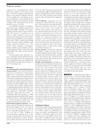 conducted in overweight/obese adults 
with type 2 diabetes at 16 centers across 
the U.S. This trial compares the long-term 
effects of an intensive lifestyle interven-tion 
for weight loss on incidence of seri-ous 
cardiovascular events with those of a 
diabetes support and education control 
condition (14). Participants will be fol-lowed 
for up to 11.5 years. 
Look AHEAD recruited 5,145 partic-ipants 
with type 2 diabetes aged 45–74 
years with a BMI 25 kg/m2 (27 kg/m2 
if taking insulin) and no upper limit for 
BMI. The goal of recruitment was to 
achieve equal numbers of men and 
women and a minimum of 33% of partic-ipants 
from racial/ethnic minority groups 
and to have 30% of participants taking 
insulin. Exclusion criteria included inad-equate 
control of diabetes (i.e., A1C 
11%), factors affecting a participant’s 
ability to adhere to interventions, and un-derlying 
diseases likely to limit life span 
and/or affect the safety of the interven-tions 
(15). 
All participants gave informed con-sent, 
consistent with the Helsinki Decla-ration 
and approved by the institutional 
review board of each center. Eligibility for 
Look AHEAD was determined using a se-ries 
of screening visits. 
Measures 
Sociodemographic and anthropometric 
characteristics. Self-reported informa-tion 
on sex, race/ethnicity, marital status, 
highest level of education, employment 
status, and annual household income was 
collected from participants. Marital status 
was coded as either married/living in a 
marriage-type relationship or not, and ed-ucation 
was coded as high school or less, 
vocational, some college, college degree, 
or graduate/professional education. An-nual 
household income was split into 
four categories: $30,000, $30,000 – 
$59,999, $60,000 –$79,999, or 
$80,000. BMI was calculated as body 
weight in kilograms divided by the square 
of height in meters, with height measured 
by a wall-mounted stadiometer and 
weight measured by electronic scale. 
Intentional weight loss history. Partic-ipants 
reported on lifetime frequency of 
intentional weight loss of 5–9, 10–19, 
20 – 49, 50 –79, 80 –99, and 100 lb 
(16,17). Response categories were 0, 1–2, 
3–4, 5–6, and 7 times. Variables de-rived 
from these categories were 1) per-centage 
of participants with at least one 
intentional weight loss of 5 lb, 2) mini-mum 
number of intentional weight losses 
of 5 lb, and 3) minimum total amount 
of intentional weight loss (defined as fre-quency 
multiplied by amount, using the 
lower end of the frequency and amount 
intervals and summing across categories) 
(17). 
Self-weighing. Frequency of self-weighing 
was determined by the ques-tion, 
“How often do you weigh yourself?” 
Response categories were never, about 
once a year or less, every couple of 
months, every month, every week, every 
day, and more than once per day (4). For 
analyses examining sex and race/ 
ethnicity, all response categories were in-cluded. 
For regression analyses, the 
categories were dichotomized at least 
once per week versus less than once per 
week, and the former was used as the ref-erence 
in analyses as this is the recom-mendation 
given in behavioral weight 
control interventions (4). 
Eating patterns. Participants reported 
the number of days per week they ate 
breakfast and the typical number of eating 
occasions, both meals and snacks, per day 
(18). Participants also reported how 
many days per week they ate any meal at 
fast food restaurants (8). 
Weight control practices. Weight con-trol 
practices were assessed using a list of 
23 specific behaviors for weight control 
(12,17,19). Participants indicated 
whether they had engaged in any of the 
specific behaviors for weight control dur-ing 
the previous year. Previous research 
indicates the best method for assessing 
successful weight control in adults is to 
ask duration of use of each strategy (12); 
thus, participants indicated the weekly 
duration of each strategy used during the 
previous year. Results were expressed as 
percentage of participants using each 
practice and duration of use of each prac-tice, 
up to 52 weeks (1 year). Participants 
not using a specific weight control prac-tice 
received a value of zero for the dura-tion 
variable (12). As the importance of 
each specific behavior was of interest for 
its impact on BMI, each of the items were 
considered individually in analyses 
(12,17,19). 
Statistical analyses 
To describe weight loss strategies used by 
this sample, t tests, ANOVAs, and 2 tests 
were used to assess for differences be-tween 
sex and/or race/ethnicities in all 
variables. To identify weight loss strate-gies 
associated with BMI, several steps 
were taken. As BMI has been related to 
intentional weight loss history variables 
(17), the relationships between BMI and 
minimum number of intentional weight 
losses of 5 lb and minimum total 
amount of intentional weight loss were 
examined in univariate regression models 
to establish their need to be included in 
the larger multivariate model for BMI. To 
determine which weight loss strategies 
should be included in the larger multiva-riable 
model for BMI, associations be-tween 
frequency of self-weighing, 
number of days per week in which break-fast 
was consumed, total number of meals 
and snacks per day, number of fast food 
meals consumed per week, and duration 
of all 23 specific weight control practices 
and BMI were examined in univariate re-gression 
models. Those variables signifi-cantly 
related to BMI were identified and a 
correlation matrix was conducted to look 
for relationships between variables with P 
 0.80 (indicating problems with multi-collinearity) 
(20), but no variables were 
associated at this level. Thus, all inten-tional 
weight loss history variables and 
weight loss strategies significantly associ-ated 
with BMI in univariate models were 
included in the multivariable model of 
BMI. As the purpose of the multivariate 
model of BMI was to determine inten-tional 
weight loss history variables and 
weight loss strategies associated with BMI 
in the whole sample, age, sex, race/ 
ethnicity, and socioeconomic status were 
controlled in the final model. 
RESULTS— Participants had amean 
SD age of 58.7  6.8 years and a BMI of 
35.95.9 kg/m2 and were 59.5% women. 
Table 1 reports the sociodemographic and 
anthropometric characteristics. Men were 
older than women (59.9  6.7 vs. 57.9  
6.8 years; P  0.0001), Native Americans 
were younger (55.47.3 years; P0.01), 
and non-Hispanic whites were older 
(59.4  6.8 years; P  0.001) than partic-ipants 
from all other race/ethnicity.Women 
had a higher BMI than men (36.56.1 vs. 
35.2  5.5 kg/m2; P  0.0001), and His-panics 
had a lower BMI than non-Hispanic 
blacks and non-Hispanic whites (35.3  
5.6 vs. 36.5  5.9 kg/m2 [non-Hispanic 
black] and 36.05.9 kg/m2 [non-Hispanic 
white]; P  0.05). Significantly fewer (P  
0.0001) Hispanics and Native Americans 
were highly educated, and fewer men were 
not married or living in a marriage-type re-lationship 
compared with women (16.8% 
vs. 43.4%; P  0.0001). In addition, more 
(P  0.0001) men were employed com-pared 
with women, and more women re-ported 
an annual household income 
Weight loss strategies 
1300 DIABETES CARE, VOLUME 31, NUMBER 7, JULY 2008 
 
