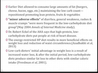 0 Earlier Diet allowed to consume large amounts of fat (burgers, 
cheese, bacon, eggs, etc.) maintaining the low carb count--- 
repositioned promoting lean protein, fruits & vegetables 
0 "minor adverse effects" of diarrhea, general weakness, rashes & 
muscle cramps "were more frequent in the low-carbohydrate diet 
group"(May 2004 Annals of Internal Medicine study). 
0 Dr. Robert Eckel of the AHA says that high-protein, low-carbohydrate 
diets put people at risk of heart disease. 
0 The energy-restricted HP diet results in more beneficial effects on 
weight loss and reduction of waist circumference.(Azadbakht et al, 
2013) 
0 Low-carb dieters' initial advantage in weight loss is a result of 
increased water loss, & after the initial period, low-carbohydrate 
diets produce similar fat loss to other diets with similar caloric 
intake (Freedman et al, 2001). 
 