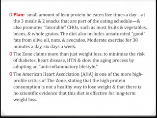 0 Plan: small amount of lean protein be eaten five times a day—at 
the 3 meals & 2 snacks that are part of the eating schedule—& 
also promotes "favorable" CHOs, such as most fruits & vegetables, 
beans, & whole grains. The diet also includes unsaturated "good" 
fats from olive oil, nuts, & avocados. Moderate exercise for 30 
minutes a day, six days a week. 
0 The Zone claims more than just weight loss, to minimize the risk 
of diabetes, heart disease, HTN & slow the aging process by 
adopting an "anti-inflammatory lifestyle." 
0 The American Heart Association (AHA) is one of the more high-profile 
critics of The Zone, stating that the high protein 
consumption is not a healthy way to lose weight & that there is 
no scientific evidence that this diet is effective for long-term 
weight loss. 
 