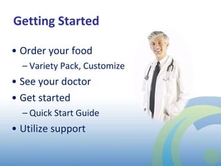 Getting Started Order your food Variety Pack, Customize See your doctor Get started Quick Start Guide Utilize support 