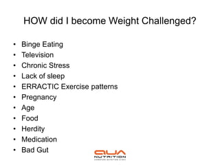 HOW did I become Weight Challenged?

•   Binge Eating
•   Television
•   Chronic Stress
•   Lack of sleep
•   ERRACTIC Exercise patterns
•   Pregnancy
•   Age
•   Food
•   Herdity
•   Medication
•   Bad Gut
 