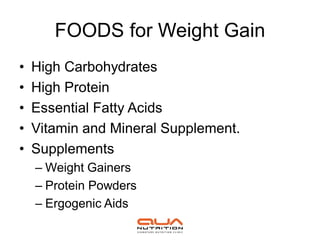 FOODS for Weight Gain
•   High Carbohydrates
•   High Protein
•   Essential Fatty Acids
•   Vitamin and Mineral Supplement.
•   Supplements
    – Weight Gainers
    – Protein Powders
    – Ergogenic Aids
 