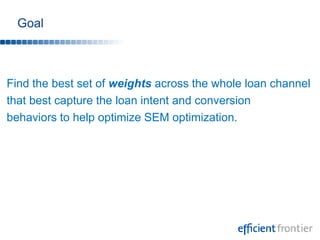 GoalFind the best set of weights across the whole loan channelthat best capture the loan intent and conversion behaviors to help optimize SEM optimization.