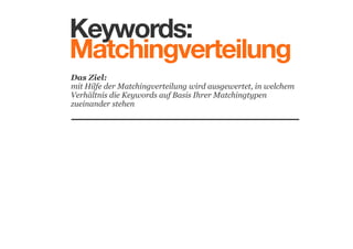 Keywords:
Matchingverteilung
Das Ziel: 
mit Hilfe der Matchingverteilung wird ausgewertet, in welchem
Verhältnis die Keywords auf Basis Ihrer Matchingtypen
zueinander stehen

 