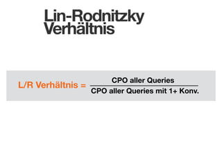 Lin-Rodnitzky
Verhältnis

L/R Verhältnis =

CPO aller Queries
CPO aller Queries mit 1+ Konv.

 