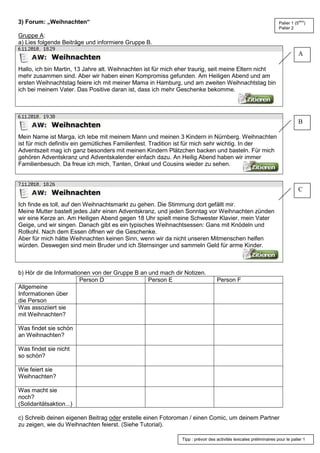 3) Forum: „Weihnachten“
Gruppe A:
a) Lies folgende Beiträge und informiere Gruppe B.
6.11.2010, 19.38
Mein Name ist Marga, ich lebe mit meinem Mann und meinen 3 Kindern in Nürnberg. Weihnachten
ist für mich definitiv ein gemütliches Familienfest. Tradition ist für mich sehr wichtig. In der
Adventszeit mag ich ganz besonders mit meinen Kindern Plätzchen backen und basteln. Für mich
gehören Adventskranz und Adventskalender einfach dazu. An Heilig Abend haben wir immer
Familienbesuch. Da freue ich mich, Tanten, Onkel und Cousins wieder zu sehen.
7.11.2010, 18.26
Ich finde es toll, auf den Weihnachtsmarkt zu gehen. Die Stimmung dort gefällt mir.
Meine Mutter bastelt jedes Jahr einen Adventskranz, und jeden Sonntag vor Weihnachten zünden
wir eine Kerze an. Am Heiligen Abend gegen 18 Uhr spielt meine Schwester Klavier, mein Vater
Geige, und wir singen. Danach gibt es ein typisches Weihnachtsessen: Gans mit Knödeln und
Rotkohl. Nach dem Essen öffnen wir die Geschenke.
Aber für mich hätte Weihnachten keinen Sinn, wenn wir da nicht unseren Mitmenschen helfen
würden. Deswegen sind mein Bruder und ich Sternsinger und sammeln Geld für arme Kinder.
b) Hör dir die Informationen von der Gruppe B an und mach dir Notizen.
Person D Person E Person F
Allgemeine
Informationen über
die Person
Was assoziiert sie
mit Weihnachten?
Was findet sie schön
an Weihnachten?
Was findet sie nicht
so schön?
Wie feiert sie
Weihnachten?
Was macht sie
noch?
(Solidaritätsaktion...)
c) Schreib deinen eigenen Beitrag oder erstelle einen Fotoroman / einen Comic, um deinem Partner
zu zeigen, wie du Weihnachten feierst. (Siehe Tutorial).
6.11.2010, 18.29
Hallo, ich bin Martin, 13 Jahre alt. Weihnachten ist für mich eher traurig, seit meine Eltern nicht
mehr zusammen sind. Aber wir haben einen Kompromiss gefunden. Am Heiligen Abend und am
ersten Weihnachtstag feiere ich mit meiner Mama in Hamburg, und am zweiten Weihnachtstag bin
ich bei meinem Vater. Das Positive daran ist, dass ich mehr Geschenke bekomme.
A
B
C
Palier 1 (5ème
)
Palier 2
Tipp : prévoir des activités lexicales préliminaires pour le palier 1
 