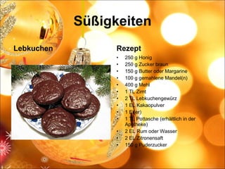 S üßigkeiten Lebkuchen Rezept 250 g   Honig 250 g   Zucker braun 150 g   Butter oder   Margarine 100 g  gemahlene Mandel(n) 400 g   Mehl 1 TL  Zimt 2 TL   Lebkuchengewürz 1 EL   Kakaopulver 1  Ei(er) 1 TL   Pottasche (erhältlich in der Apotheke) 2 EL   Rum oder Wasser 2 EL   Zitronensaft 150 g   Puderzucker 