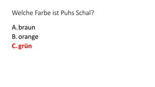 Welche Farbe ist Puhs Schal?
A.braun
B.orange
C.grün
 