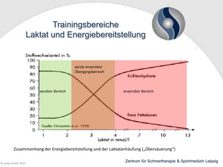 Trainingsbereiche
Laktat und Energiebereitstellung

aerob-anaerober
Übergangsbereich

aerober Bereich

anaerober Bereich

Zusammenhang der Energiebereitstellung und der Laktatanhäufung („Übersäuerung“)
© wesp GmbH 2013

Zentrum für Schmertherapie & Sportmedizin Leipzig

 