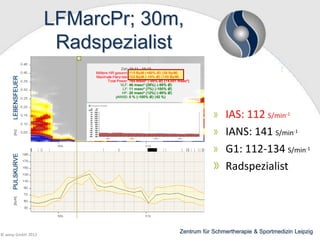 LFMarcPr; 30m,
Radspezialist

IAS: 112 S/min-1
IANS: 141 S/min-1
G1: 112-134 S/min-1
Radspezialist

© wesp GmbH 2013

Zentrum für Schmertherapie & Sportmedizin Leipzig

 