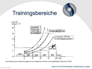 Trainingsbereiche

Verschiebung der Laktatleistungskurve mit steigender aerober Leistungsfähigkeit (Neumann 1991)

© wesp GmbH 2013

Zentrum für Schmertherapie & Sportmedizin Leipzig

 