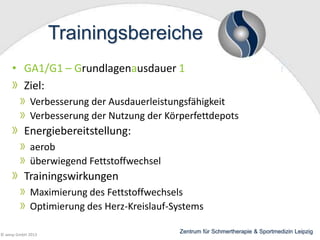 Trainingsbereiche
• GA1/G1 – Grundlagenausdauer 1
Ziel:
Verbesserung der Ausdauerleistungsfähigkeit
Verbesserung der Nutzung der Körperfettdepots

Energiebereitstellung:
aerob
überwiegend Fettstoffwechsel

Trainingswirkungen
Maximierung des Fettstoffwechsels
Optimierung des Herz-Kreislauf-Systems
© wesp GmbH 2013

Zentrum für Schmertherapie & Sportmedizin Leipzig

 