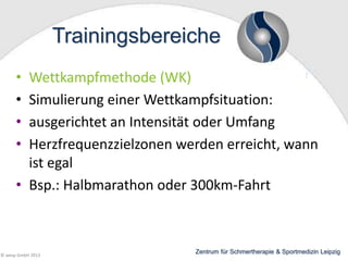 Trainingsbereiche
•
•
•
•

Wettkampfmethode (WK)
Simulierung einer Wettkampfsituation:
ausgerichtet an Intensität oder Umfang
Herzfrequenzzielzonen werden erreicht, wann
ist egal
• Bsp.: Halbmarathon oder 300km-Fahrt

© wesp GmbH 2013

Zentrum für Schmertherapie & Sportmedizin Leipzig

 