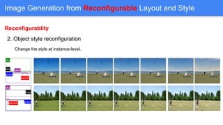 Image Generation from Reconfigurable Layout and Style
Reconfigurablity
2. Object style reconfiguration
Change the style at...