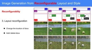 Image Generation from Reconfigurable Layout and Style
Reconfigurablity
3. Layout reconfiguration
 Change the location of ...