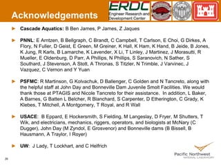 Acknowledgements
Cascade Aquatics: B Ben James, P James, Z Jaques
PNNL: E Arntzen, B Bellgraph, C Brandt, C Campbell, T Carlson, E Choi, G Dirkes, A
Flory, N Fuller, D Geist, E Green, M Greiner, K Hall, K Ham, K Hand, B Jeide, B Jones,
K Jung, R Karls, B Lamarche, K Lavender, X Li, T Linley, J Martinez, J Morasutti, R
Mueller, E Oldenburg, D Parr, A Phillips, N Phillips, S Saranovich, N Sather, S
Southard, J Stevenson, A Stott, A Thronas, S Titzler, N Trimble, J Varvinec, J
Vazquez, C Vernon and Y Yuan
PSFMC: R Martinson, G Kolvachuk, D Ballenger, C Golden and N Tancreto, along with
the helpful staff at John Day and Bonneville Dam Juvenile Smolt Facilities. We would
thank those at PTAGIS and Nicole Tancreto for their assistance. In addition, L Baker,
A Barnes, G Batten L Belcher, R Blanchard, S Carpenter, D Etherington, C Grady, K
Klebes, T Mitchell, A Montgomery, T Royal, and R Wall
USACE: B Eppard, E Hockersmith, S Fielding, M Langeslay, D Fryer, M Shutters, T
Wik, and electricians, mechanics, riggers, operators, and biologists at McNary (C
Dugger), John Day (M Zyndol, E Grosvenor) and Bonneville dams (B Bissell, B
Hausmann, A Traylor, I Royer)
UW: J Lady, T Lockhart, and C Helfrich
26
 
