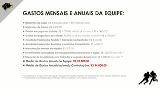 Uniformes de Jogo 1 e 2
GASTOS MENSAIS E ANUAIS DA EQUIPE:
 Uniformes de Jogo: R$ 4.500,00 Cada = R$ 9.000,00 Total
 Uniformes de Treino: R$ 4.500,00
 Gastos em jogos na cidade: R$ 1.000,00 média (4 no ano = R$ 4.000,00)*
 Gastos em jogos fora da cidade: R$ 500,00 (8 em média no ano = R$ 8.000,00)*
 Anuidade Federação Paulista + Inscrição Competição: R$ 4.000,00
 Anuidade Federação Brasileira + Inscrição Competição: R$ 4.500,00
 Manutenção mensal da equipe: R$ 500,00
 Investimento necessários em equipamentos para treinos e jogos: R$1.000,00 por mês *
 Intenção de investimento em Treinador e Jogador Americano: R$ 3.500,00 por mês. **
 Média de Gastos Anuais da Equipe: R$ 52.000,00
 Média de Gastos Anuais incluindo Contratações: R$ 94.000,00
* Considerando o numero mínimo de jogos em Campeonato Paulista e Brasileiro e Investimentos em novos equipamentos para equipe.
** Considerando a Contratação de um Treinador Principal Americano e um Jogador Americano.
 