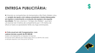  Visando as competições da temporada o Rio Preto Weilers criou
um projeto de apoio com valores acessíveis a todos interessados
em apoiar o crescimento e evolução da equipe e do esporte
na cidade. Por isso criamos o “Amigos dos Weilers”, que será
um banner de 3 metros de comprimento por 1,70 metros de
altura e todos os apoiadores terão seu logo estampado.
 Cota anual em até 2 pagamentos, com
valores iniciais a partir de R$ 300,00.
Cada cota representa um espaço no banner.
O banner será utilizado em todos jogos (fora ou dentro de casa)
e sempre exposto com foto junto ao time.
ENTREGA PUBLICITÁRIA:
 