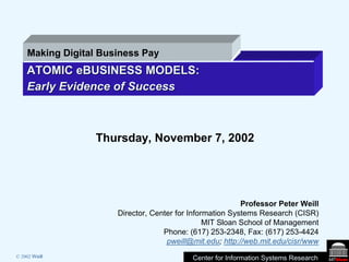 Center for Information Systems Research
ATOMICATOMIC eBUSINESSeBUSINESS MODELS:MODELS:
Early Evidence of SuccessEarly Evidence of Success
Making Digital Business Pay
© 2002 Weill
Professor Peter Weill
Director, Center for Information Systems Research (CISR)
MIT Sloan School of Management
Phone: (617) 253-2348, Fax: (617) 253-4424
pweill@mit.edu; http://web.mit.edu/cisr/www
Thursday, November 7, 2002
 