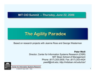 MIT CIO Summit — Thursday, June 22, 2006
         MIT CIO Summit — Thursday, June 22, 2006




                     The Agility Paradox
                     The Agility Paradox
  Based on research projects with Jeanne Ross and George Westerman


                                                                            Peter Weill
                             Director, Center for Information Systems Research (CISR)
                                                       MIT Sloan School of Management
                                          Phone: (617) 253-2930, Fax: (617) 253-4424
                                            pweill@mit.edu; http://mitsloan.mit.edu/cisr/

Center for Information Systems Research
      © 2006 MIT Sloan CISR — Weill                                                         1
 