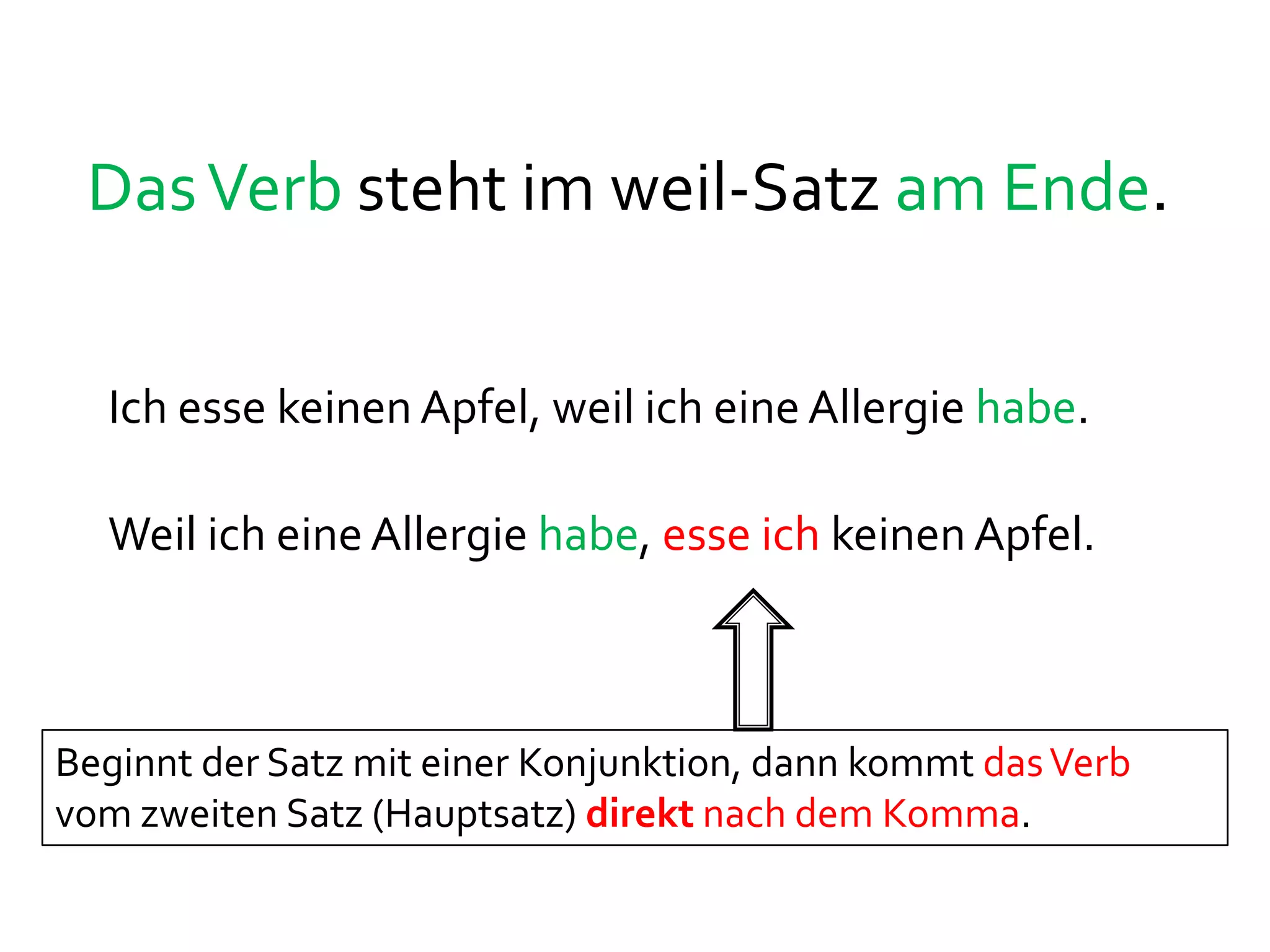 Das Verb steht im weil-Satz am Ende.


  Ich esse keinen Apfel, weil ich eine Allergie habe.

  Weil ich eine Allergie habe, esse ich keinen Apfel.



Beginnt der Satz mit einer Konjunktion, dann kommt das Verb
vom zweiten Satz (Hauptsatz) direkt nach dem Komma.
 
