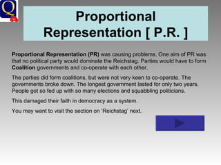 Proportional Representation [ P.R. ] Proportional Representation (PR)  was causing problems. One aim of PR was that no political party would dominate the Reichstag. Parties would have to form  Coalition  governments and co-operate with each other. The parties did form coalitions, but were not very keen to co-operate. The governments broke down. The longest government lasted for only two years. People got so fed up with so many elections and squabbling politicians. This damaged their faith in democracy as a system. You may want to visit the section on ‘Reichstag’ next. 