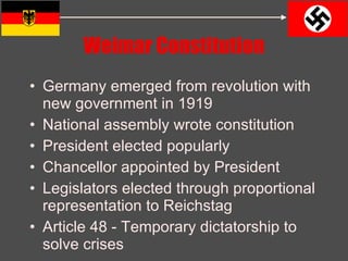 Weimar Constitution Germany emerged from revolution with new government in 1919 National assembly wrote constitution President elected popularly Chancellor appointed by President Legislators elected through proportional representation to Reichstag Article 48 - Temporary dictatorship to solve crises 