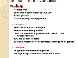 28. Juni 1919 - Versailler
Vertrag1. Politisch
- Reparationen
- deutsches Heer reduziert auf 100.000
- Kaiser gestürzt
- Österreich/Ungarn abgegliedert
2. Territorial
- Frankreich – Elsaß-Lothringen
- Polen – Posen/Westpreußen
- deutsche Kolonien abgetreten an Frankreich und
Grossbritannien
- 10% des Landes verloren
- Saarland /Oberschlesien abgetreten, wichtige Kohlegebiete
3. Juristisch
- bürgerliche Demokratie eingeführt
- alleinige Kriegsschuld des Deutschen Reichs
 