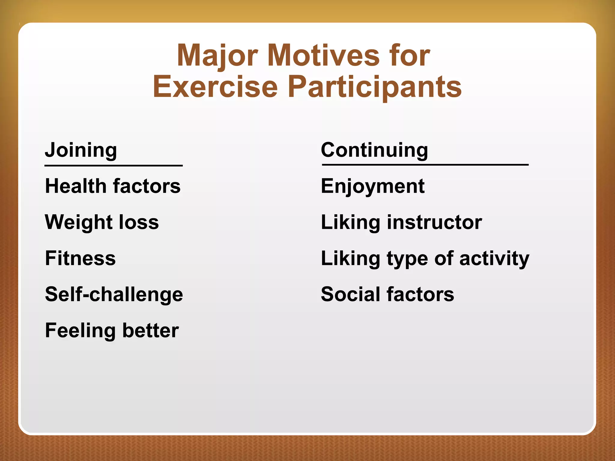 Major Motives for
Exercise Participants
Joining
Health factors
Weight loss
Fitness
Self-challenge
Feeling better
Continuing
Enjoyment
Liking instructor
Liking type of activity
Social factors
 