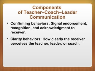 Components
of Teacher–Coach–Leader
Communication
• Confirming behaviors: Signal endorsement,
recognition, and acknowledgment to
receiver.
• Clarity behaviors: How clearly the receiver
perceives the teacher, leader, or coach.
 