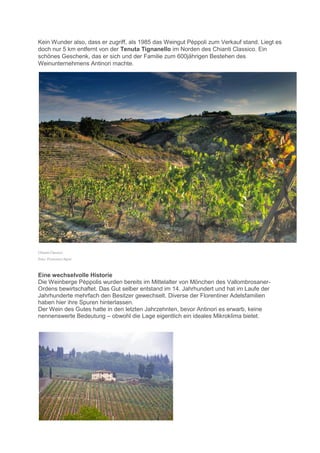 Kein Wunder also, dass er zugriff, als 1985 das Weingut Pèppoli zum Verkauf stand. Liegt es
doch nur 5 km entfernt von der Tenuta Tignanello im Norden des Chianti Classico. Ein
schönes Geschenk, das er sich und der Familie zum 600jährigen Bestehen des
Weinunternehmens Antinori machte.




Chinati Classico
Foto: Francesco Sgroi



Eine wechselvolle Historie
Die Weinberge Pèppolis wurden bereits im Mittelalter von Mönchen des Vallombrosaner-
Ordens bewirtschaftet. Das Gut selber entstand im 14. Jahrhundert und hat im Laufe der
Jahrhunderte mehrfach den Besitzer gewechselt. Diverse der Florentiner Adelsfamilien
haben hier ihre Spuren hinterlassen.
Der Wein des Gutes hatte in den letzten Jahrzehnten, bevor Antinori es erwarb, keine
nennenswerte Bedeutung – obwohl die Lage eigentlich ein ideales Mikroklima bietet.
 