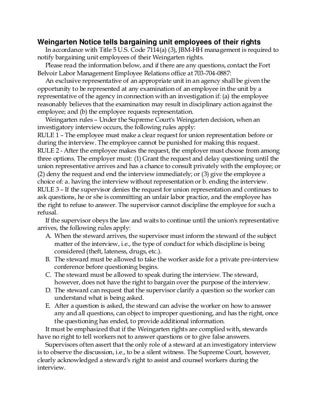 Weingarten notice tells bargaining unit employees of their rights