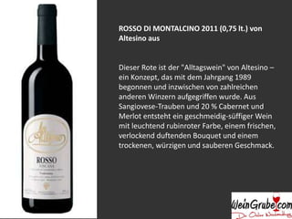 ROSSO DI MONTALCINO 2011 (0,75 lt.) von
Altesino aus
Dieser Rote ist der "Alltagswein" von Altesino –
ein Konzept, das mit dem Jahrgang 1989
begonnen und inzwischen von zahlreichen
anderen Winzern aufgegriffen wurde. Aus
Sangiovese-Trauben und 20 % Cabernet und
Merlot entsteht ein geschmeidig-süffiger Wein
mit leuchtend rubinroter Farbe, einem frischen,
verlockend duftenden Bouquet und einem
trockenen, würzigen und sauberen Geschmack.
 