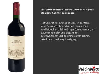 Villa Antinori Rosso Toscana 2010 (0,75 lt.) von
Marchesi Antinori aus Firenze
Tiefrubinrot mit Granatreflexen, in der Nase
feine Beerenfrucht und zarte Holznuancen,
Vanilletouch und fein-würzige Komponenten, am
Gaumen komplex und elegant mit
ausgewogenem und geschmeidigem Tannin,
extraktreich und lang im Abgang.
 