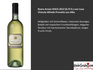 Roero Arneis DOCG 2012 (0,75 lt.) von Casa
Vinicola Alfredo Prunotto aus Alba
Hellgolden mit Grünreflexen, intensives blumiges
Bukett mit tropischen Fruchtanklängen, elegante
Struktur mit harmonischer Säurebalance, langes
Frucht-Finish.
 