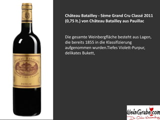 Château Batailley - 5ème Grand Cru Classé 2011
(0,75 lt.) von Château Batailley aus Pauillac
Die gesamte Weinbergfläche besteht aus Lagen,
die bereits 1855 in die Klassifizierung
aufgenommen wurden.Tiefes Violett-Purpur,
delikates Bukett,
 