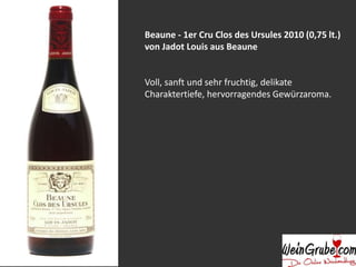 Beaune - 1er Cru Clos des Ursules 2010 (0,75 lt.)
von Jadot Louis aus Beaune
Voll, sanft und sehr fruchtig, delikate
Charaktertiefe, hervorragendes Gewürzaroma.
 