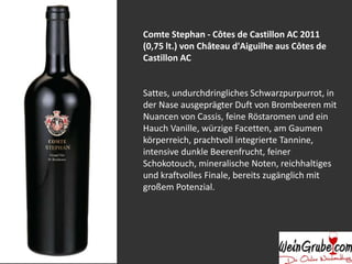 Comte Stephan - Côtes de Castillon AC 2011
(0,75 lt.) von Château d'Aiguilhe aus Côtes de
Castillon AC
Sattes, undurchdringliches Schwarzpurpurrot, in
der Nase ausgeprägter Duft von Brombeeren mit
Nuancen von Cassis, feine Röstaromen und ein
Hauch Vanille, würzige Facetten, am Gaumen
körperreich, prachtvoll integrierte Tannine,
intensive dunkle Beerenfrucht, feiner
Schokotouch, mineralische Noten, reichhaltiges
und kraftvolles Finale, bereits zugänglich mit
großem Potenzial.
 