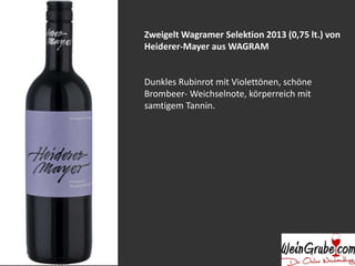 ZweigeltWagramer Selektion 2013 (0,75 lt.) von 
Heiderer-Mayer aus WAGRAM 
Dunkles Rubinrot mit Violettönen, schöne 
Brombeer- Weichselnote, körperreich mit 
samtigem Tannin. 
 